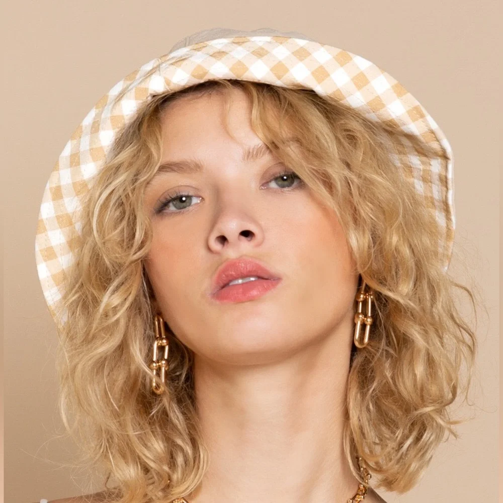 POL Cream Yellow Reversible Gingham Hat